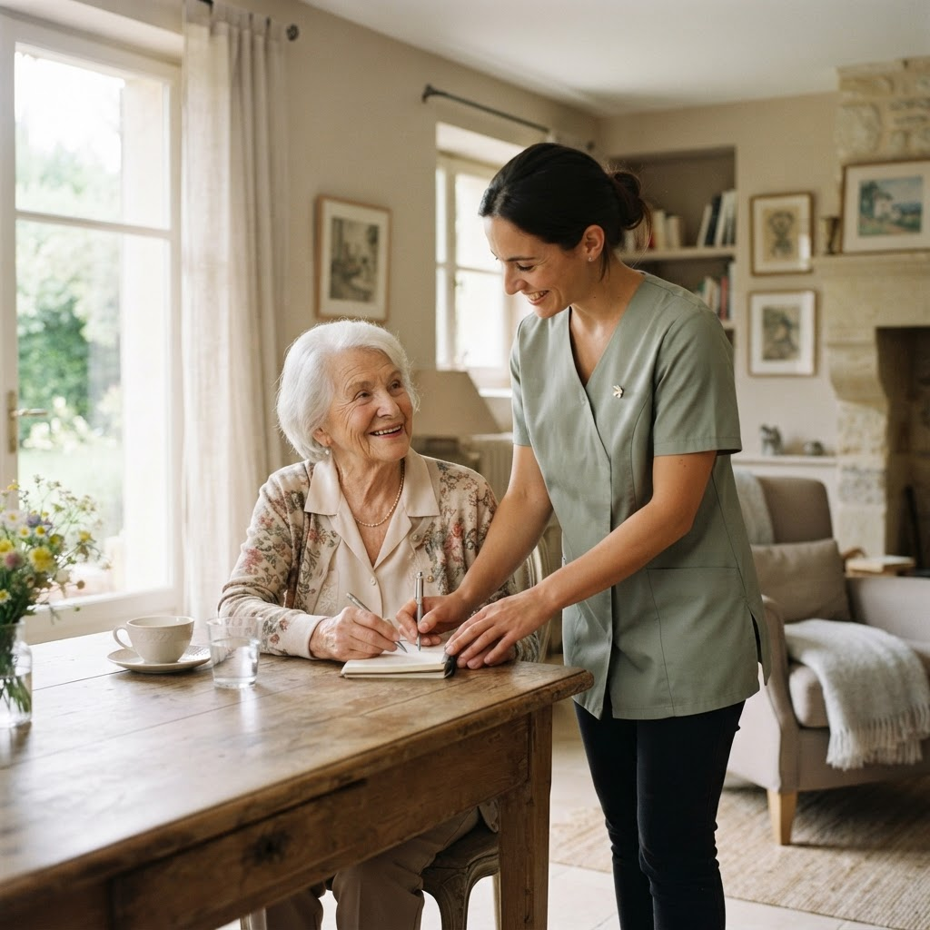 Caregiver assisting an elderly person with daily living activities